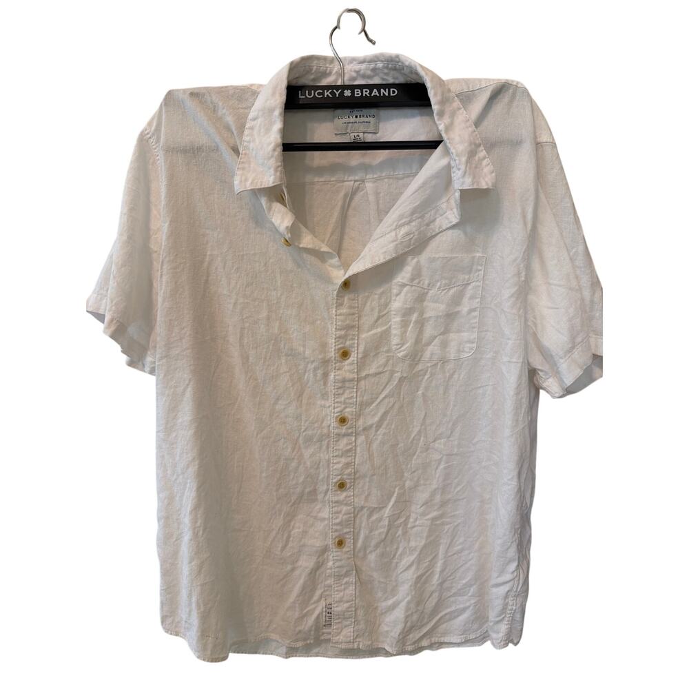 Lucky Brand White Linen Button Up Shirt Men's Size Large Short Sleeve Preppy